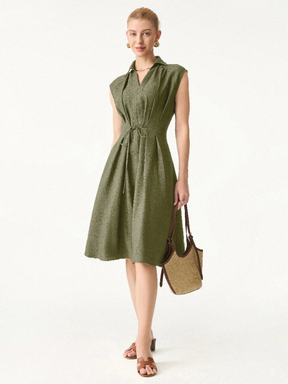 OGL Viscose-Linen Weave Viscose-Linen Collared V-neck Midi Dress with Drawstring